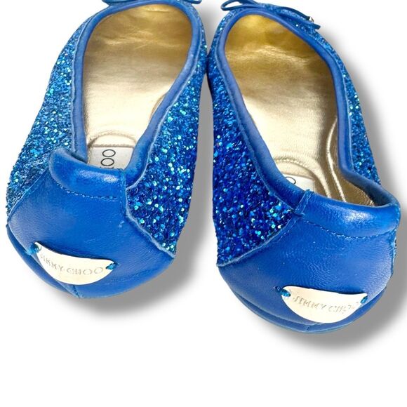 Jimmy Choo Blue Glitter Ballerina Flats Decorative Bow Women’s Size 37.5 - Picture 5 of 7